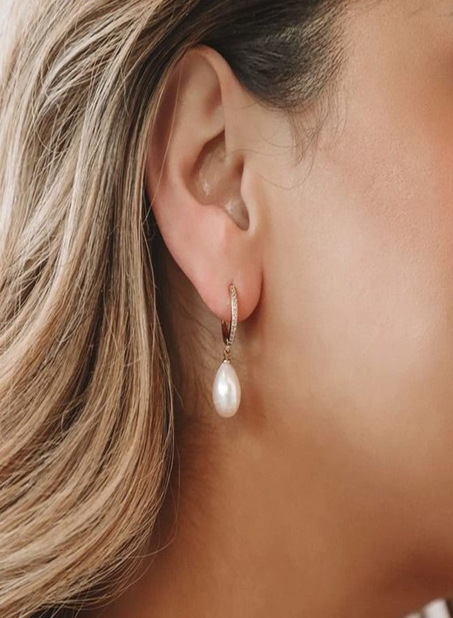 EPIRORA Sterling Silver Simulated Shell Pearl Hoop Earrings Cubic Zirconia Dangle Drop Earrings Jewelry for Women 10mm, Gold (Teardrop) - Image 3
